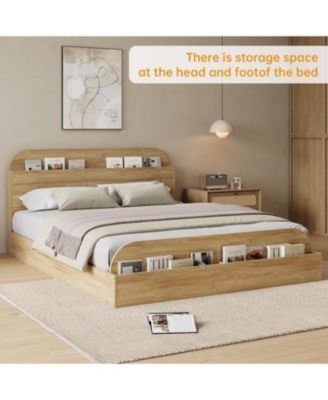 Queen Wooden Platform Bed Frame with Storage Headboard & Raised Footboard, No Box Spring Needed