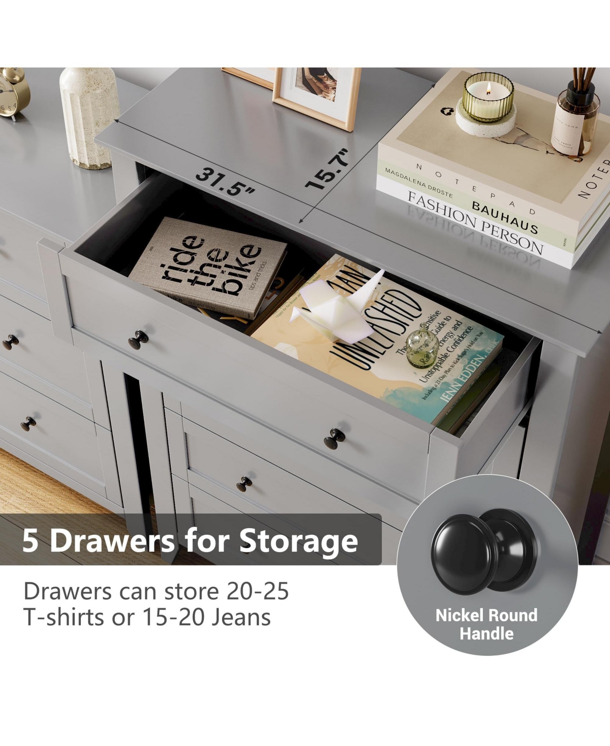 gaomon 5 Drawer Modern Tall Nightstand, Deep Drawers, Nickel Round Handle