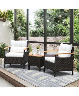 3PCS Patio Rattan Furniture Set Wooden Armrest Table Top Cushioned Deck