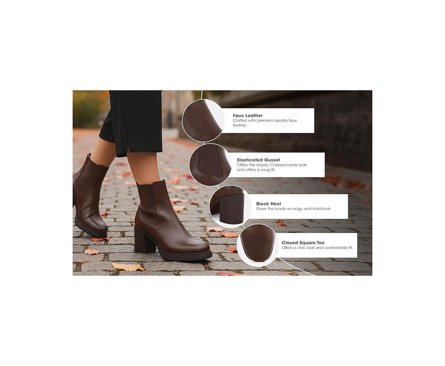 Женские ботинки London Rag Chelsea Boots Round Toe Platform Block Heel Ankle, цвет: Чёрный гладкий — фото 9