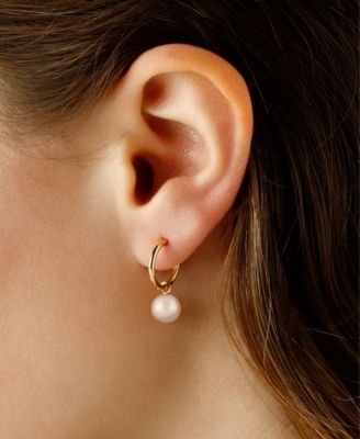 Pearl (6 mm) Drop Hoop Earrings Set in 14k Yellow Gold