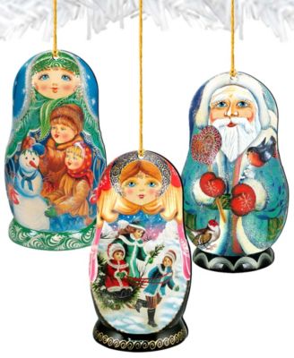 Winter Play Dolls Wooden Ornaments, Set of 3