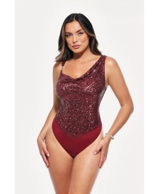 Women's Sequin Cowl Neck Chain Detail Sculpting Bodysuit