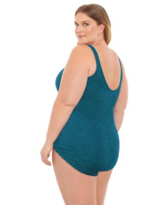 Plus Size Chlorine Resistant Shirred Front Girl Leg One-Piece Swimsuit