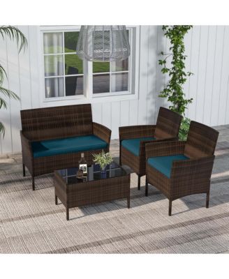 4 Pc. Patio Furniture Set with Washable Cushions and Tempered Glass Coffee Table