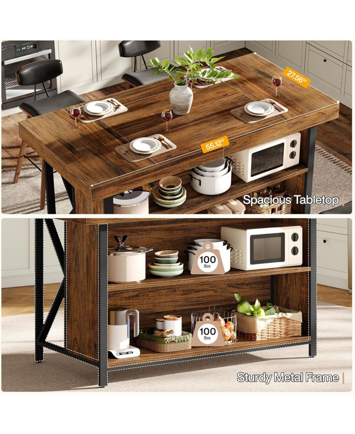 Tribesigns 55" Wood & Metal 3-Tier Storage Feature Kitchen Island Table