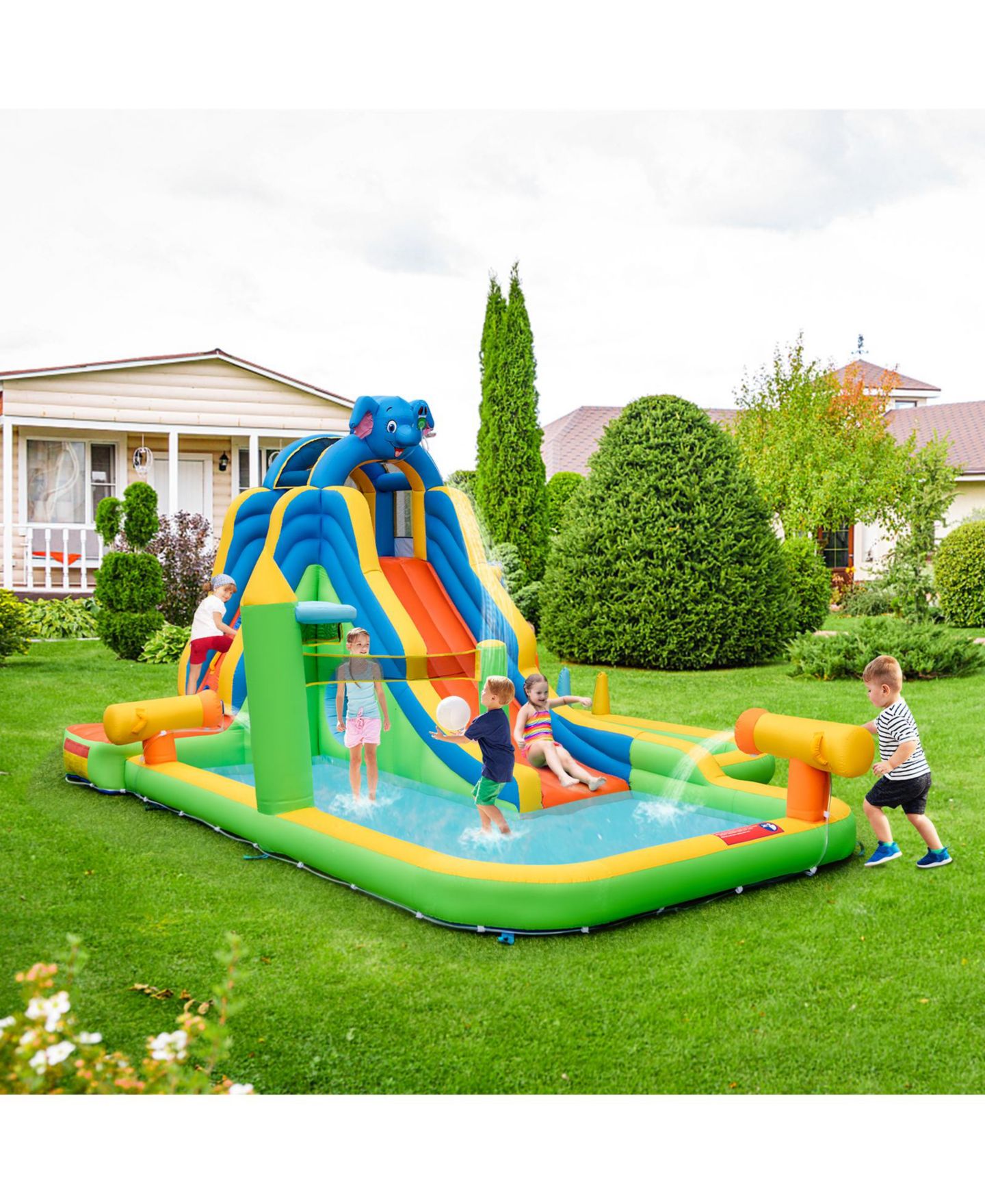 Детская игрушка Mecale 9-in-1 Giant Inflatable Water Slide Park, 15.5'L x 12.5'W x 8.2'H, 735W Blower Included, Ages 3-10, цвет: Зелёный — фото 2