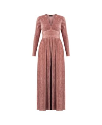 Women's Long Velvet Pleated V-Neck Dress