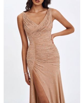 Women's Viveca Apricot Crystal-Embellished Asymmetrical Ruched Maxi Dress