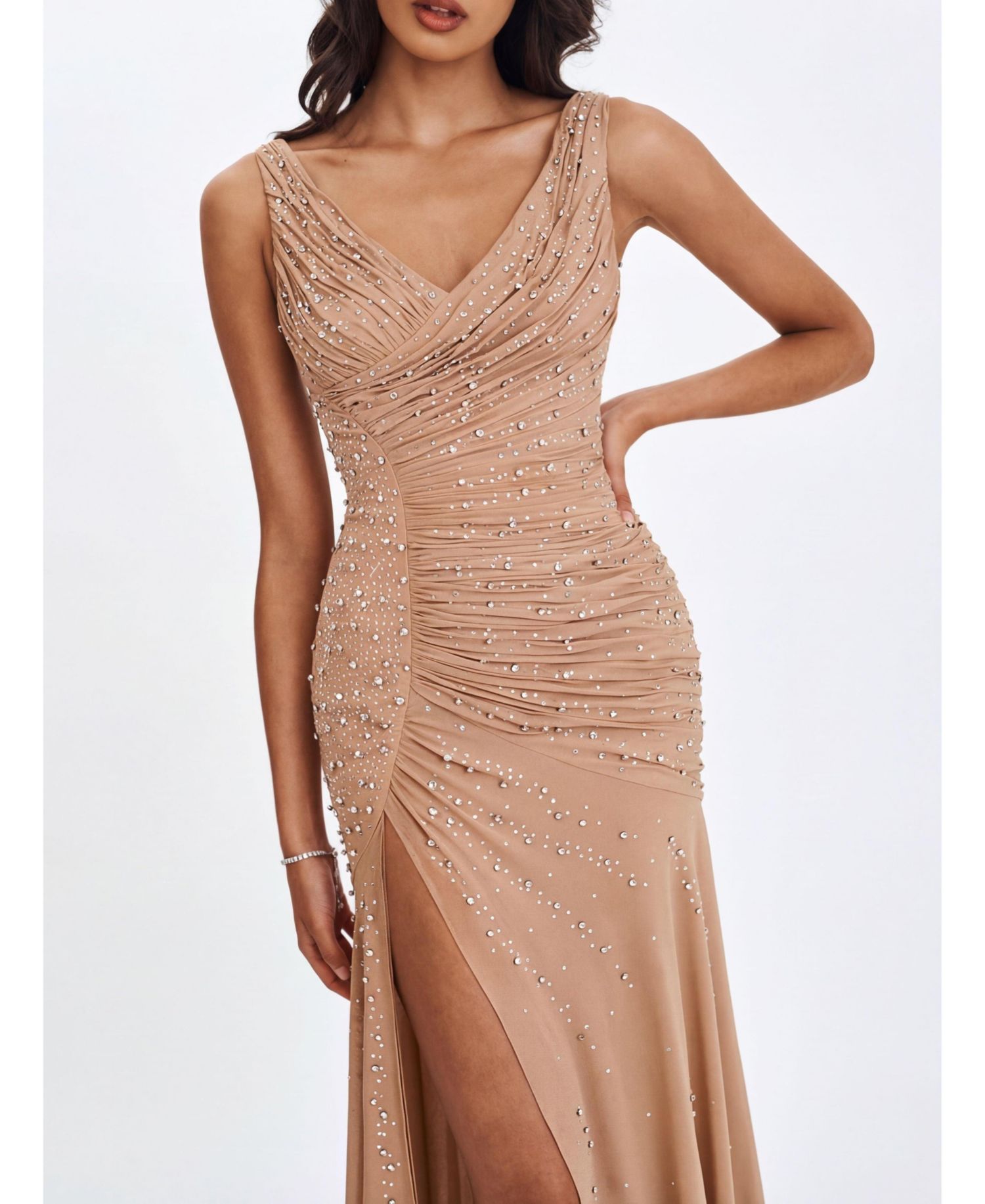 Women's Viveca Apricot Crystal-Embellished Asymmetrical Ruched Maxi Dress
