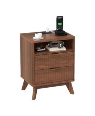 Modern Fluted Wood Nightstand with 2 Drawers, Open Shelf and Charging Station