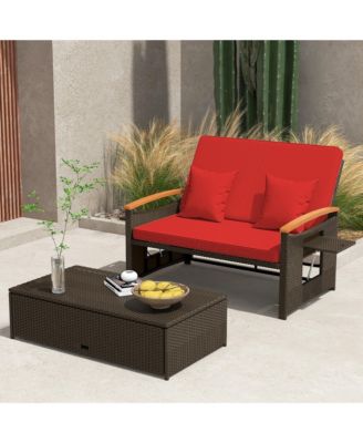 Patio Rattan Daybed Set w/ Cushioned Loveseat and Storage Ottoman