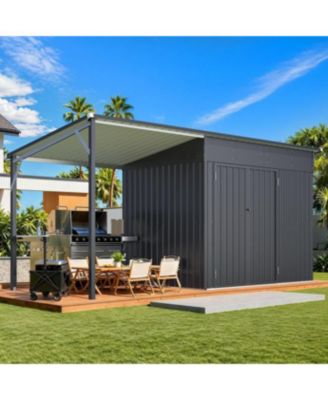 Outdoor Open-Sided Storage Shed with Attached Hardtop Metal Pergola