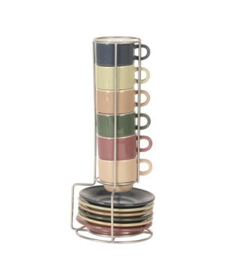 Gibson Elite Sensations 13 Piece Espresso Cup Set with Metal Rack, Stoneware Espresso Cups & Saucers, Stackable Coffee Set, Cafe Style
