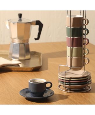 Gibson Elite Sensations 13 Piece Espresso Cup Set with Metal Rack, Stoneware Espresso Cups & Saucers, Stackable Coffee Set, Cafe Style