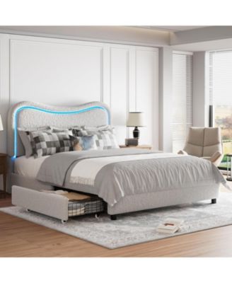 Full Size LED Bed Frame with 2 Drawers and Headboard Cute Upholstered Bed Storage Sturdy Platform No Box Spring Grey