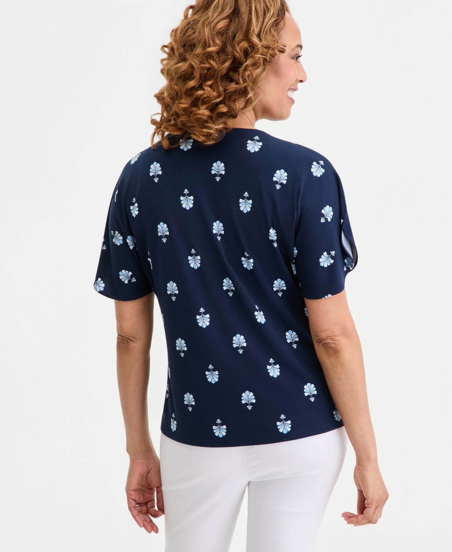 Petite Painted Fan Keyhole Short-Sleeve Top