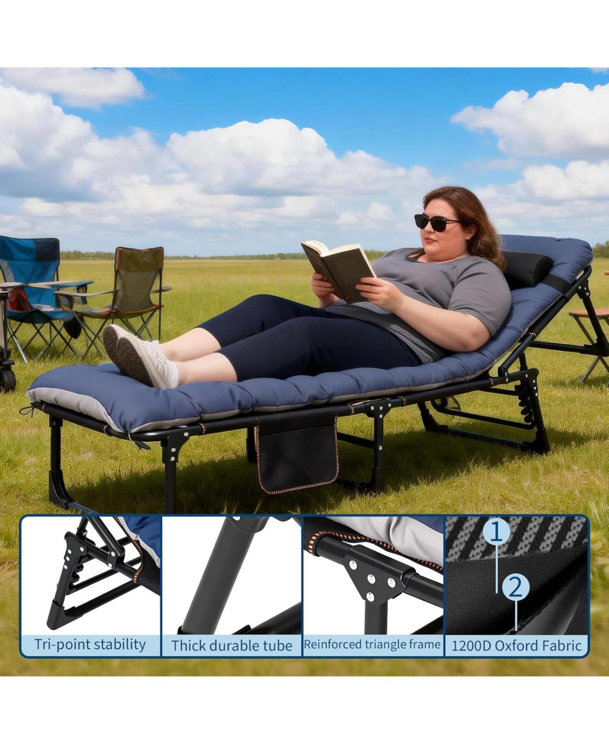 gaomon TrailBlaze Heavy-Duty Folding Camping Cot Bed for Adults – Removable Thick Mattress, Pillow & Side Pocket
