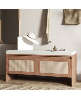 Rattan Entryway Bench, Wooden Bench with Storage and Cushion Seating for Bedroom, Hallway