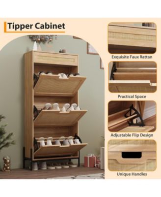 Rattan Shoe Cabinet with 3 Flip Doors and Drawer Freestanding Shoe Organizer with Adjustable Shelves