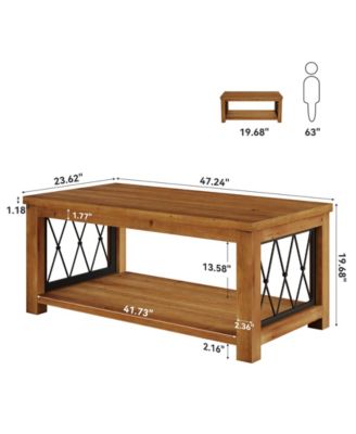 47.2" Solid Wood Coffee Table, Farmhouse Rectangular Center Table, 2-Tier Low Cocktail Tea Table