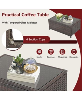 2PCS Patio PE Wicker Rattan Loveseat Sofa Set w/ Coffee Table and Cushions