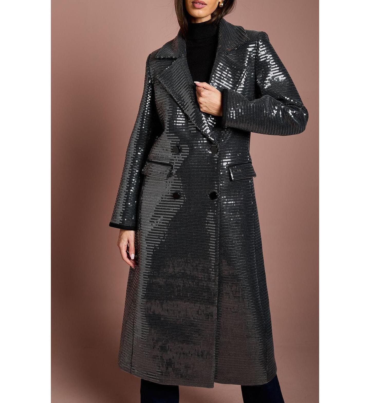 Женское пальто Coast Faux Fur Collar Sequin Longline, цвет: Чёрный — фото 6