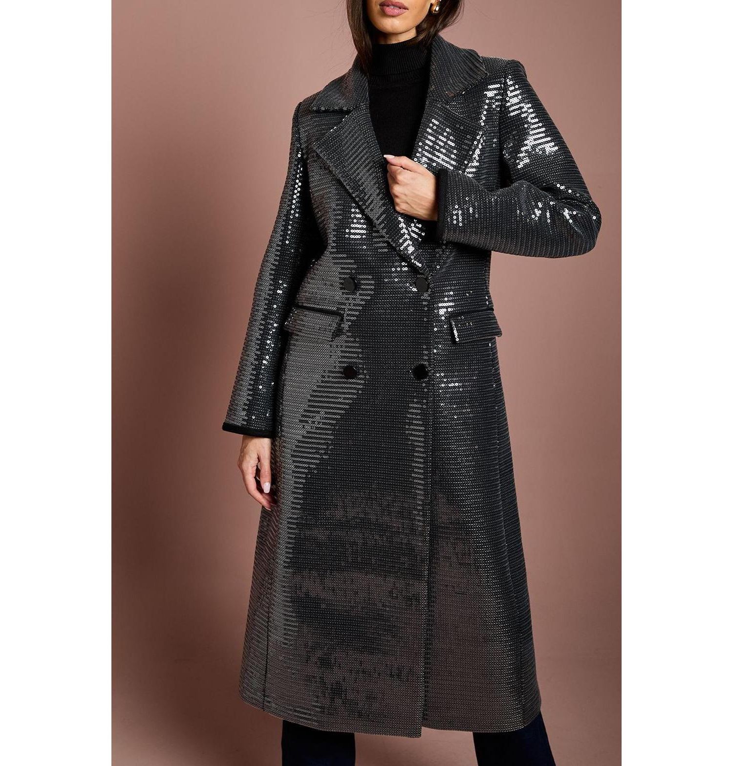Women's Faux Fur Collar Sequin Longline Coat