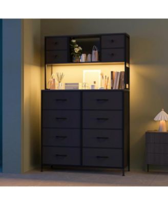 12-Drawer Dresser with Power Outlet & Open Shelves - LED Light Wood Top Metal Frame Fabric Dresser for Bedroom, Hallway