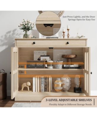 35 Point 4 Inch Oak Sideboard Buffet Cabinet with Glass Door Modern Storage Adjustable Shelves Drawer Dining Room Kitchen