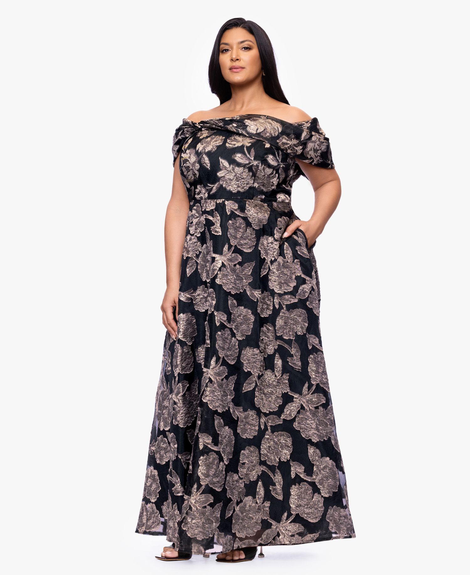 Plus Size Printed Off-The-Shoulder Ball Gown
