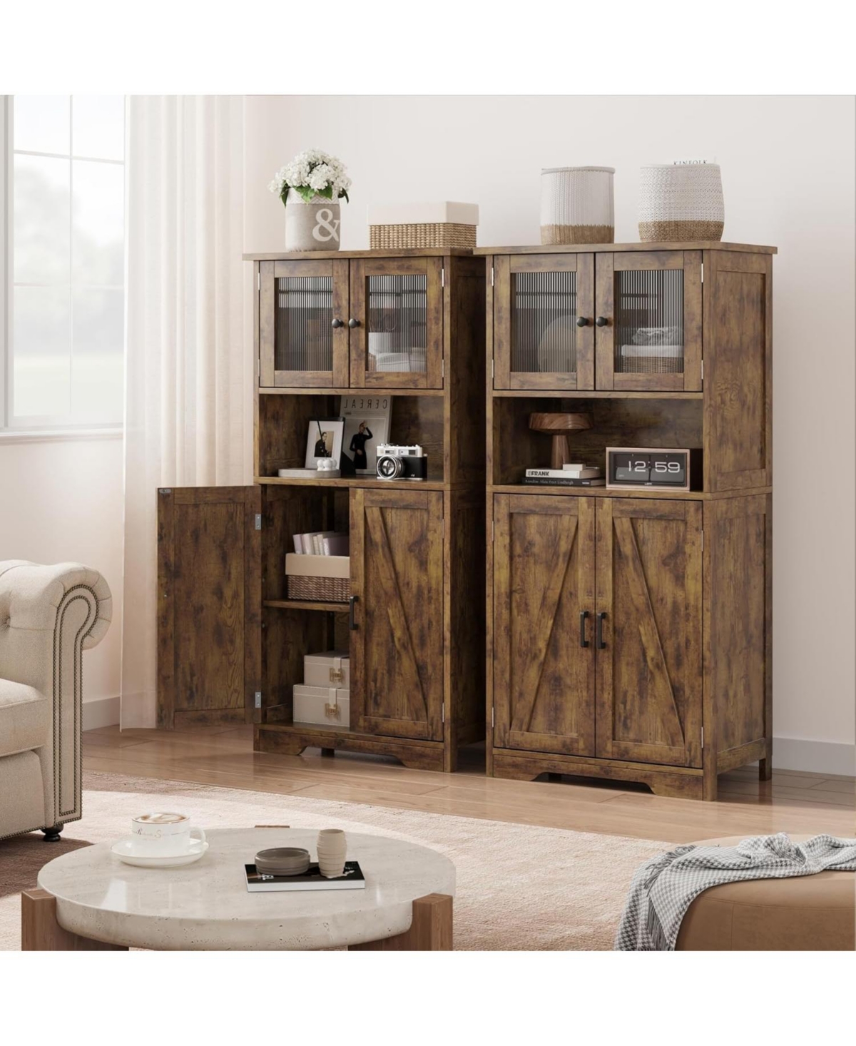 gaomon Farmhouse Freestanding Kitchen Pantry Cabinet with Glass Doors and Adjustable Shelves Cupboard, Floor Cabinet for Living Room