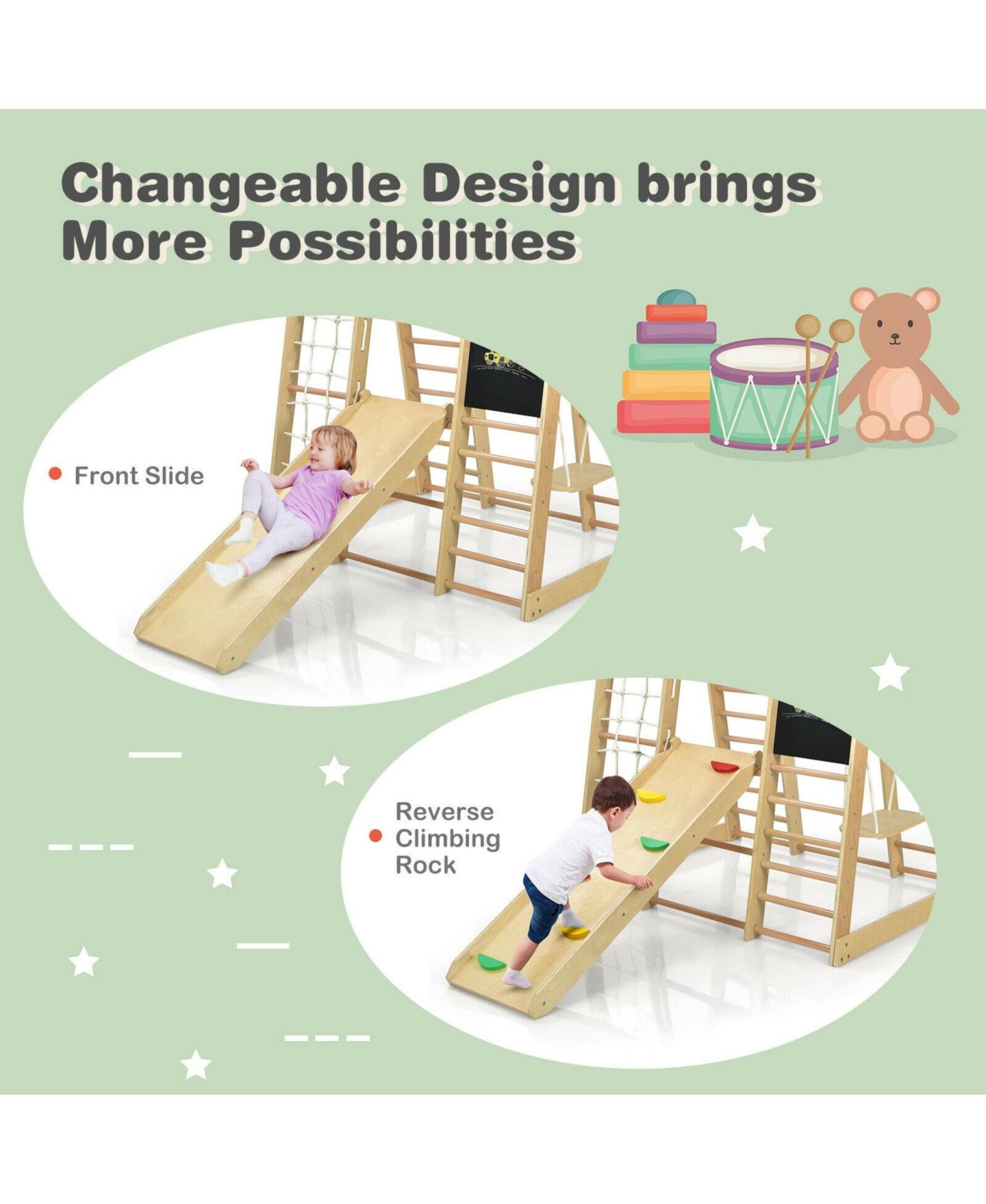 Детский игровой набор HONGGE Indoor Playground Climbing Gym Wooden 8-in-1 Climber Playset for Children, цвет: Натуральный — фото 6
