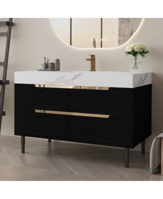 35.4" Modern Sintered Stone Bathroom Vanity, Free-Standing or Wall-Mounted, 4 Soft-Close Drawers, Undermount Sink