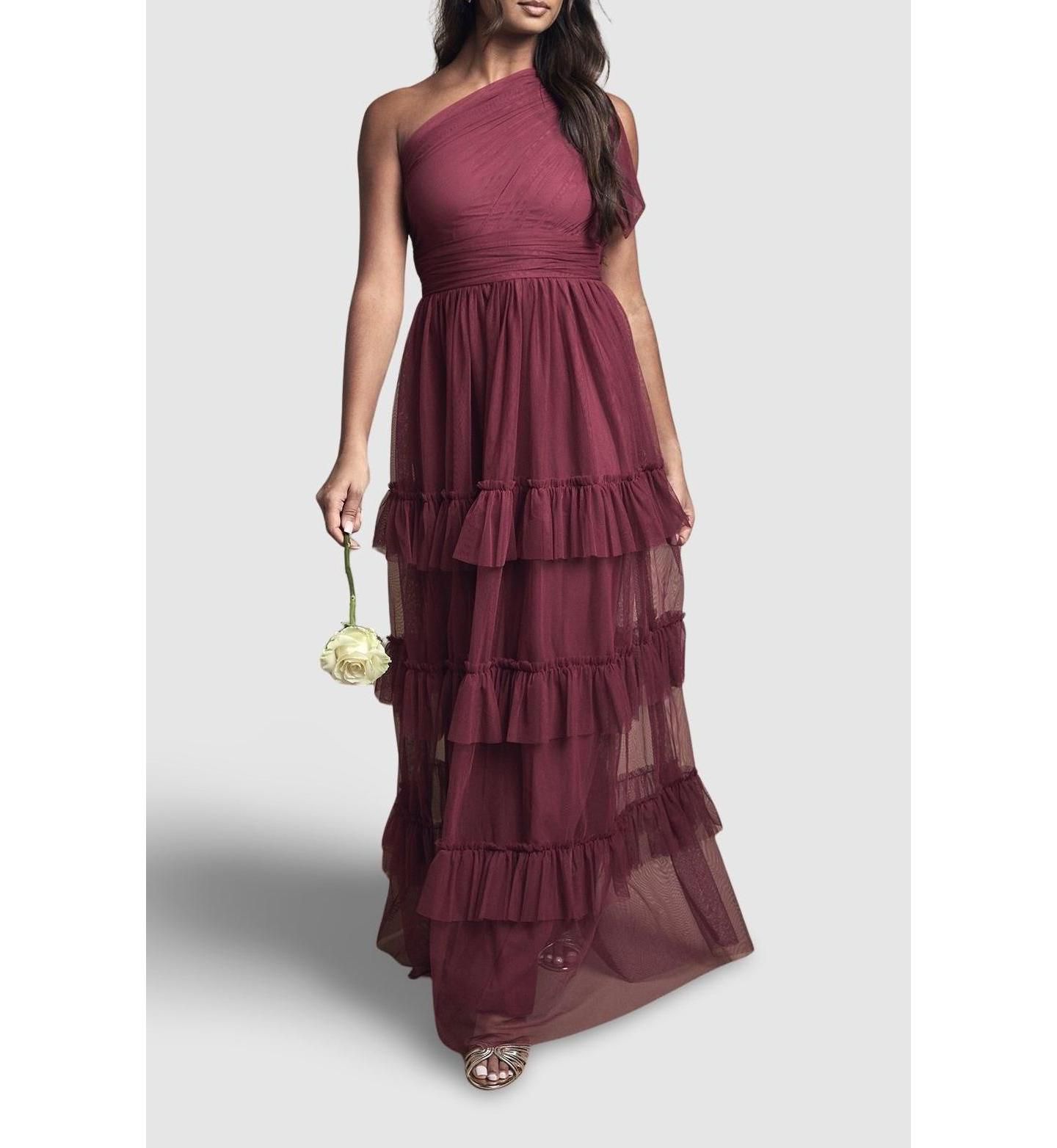 Женское платье Oasis Pleated One Shoulder Tiered Maxi, цвет: Ягодный — фото 8