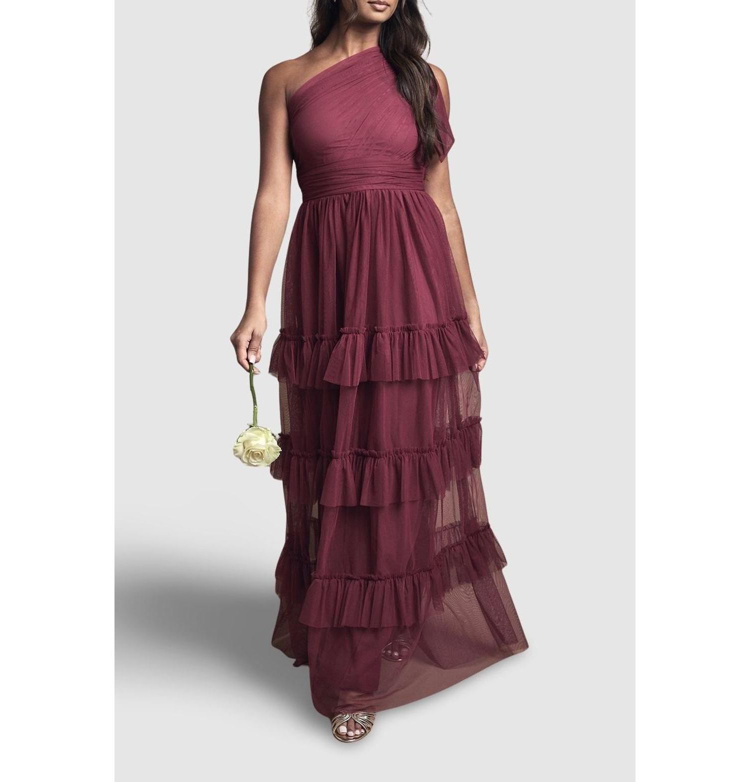 Women's Pleated One Shoulder Tiered Maxi Dress
