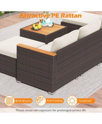 Set Of 7 Wicker Conversation Set w/ Seat and Back Cushions Wood Armrests and Tabletop