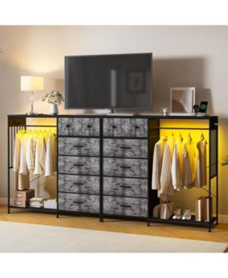 Dresser with Hanging Rack, Reversible 6 Drawers Dresser with Led Lights & Charging Station