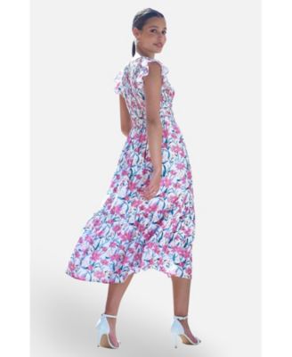 Women's Viscose Floral Ruched Waist Midi Dress