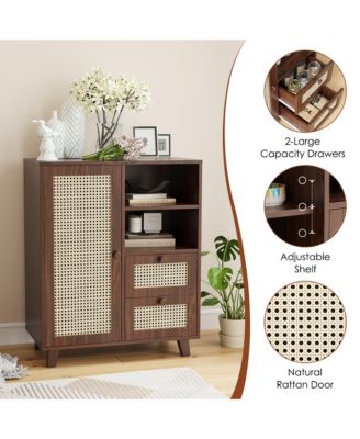 Rattan Buffet Cabinet, Kitchen Sideboard with 2 Drawers for Living Room, Dining Room, Entryway (Walnut)