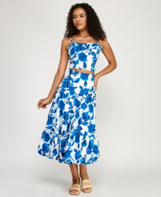 Juniors' Floral Square Neck Top and Midi Skirt, 2-Piece Set