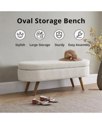 Oval Storage Ottoman Bench - Upholstered End of Bed Bench with Safety Hinge Flip Top and Solid Wood Legs for Bedroom (Beige)