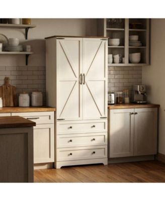 Farmhouse Kitchen Pantry Cabinet - 72" Tall Large Wood Kitchen Storage Cabinets with Adjustable Shelves & 2 Barn Doors & 3 Drawer