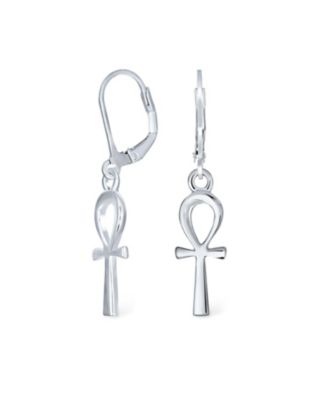 Religious Symbol of Life Ankh Cross Dangle  Earrings .925 Sterling Silver Lever Back