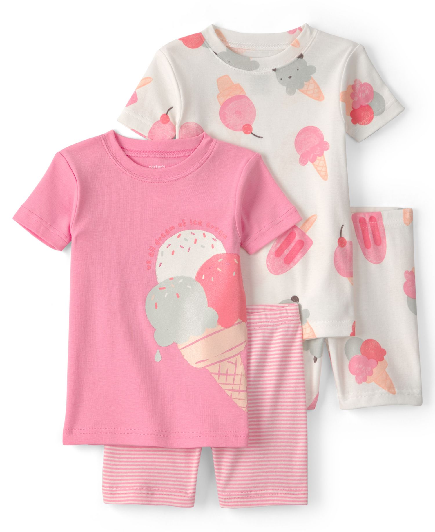 Baby and Toddler Girls' Ice Cream Short-Sleeve T-Shirt and Shorts Snug-Fit Cotton Pajama, 4-Piece Set