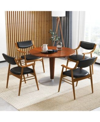 Set Of 4 PU Leather Dining Chair w/ Padded Seat and Back Armrests Rubber Wood Frame