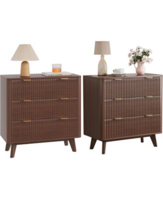 Width Fluted Nightstand Set of 2, Modern 3 Drawer Bedside Table with Faux Marble Top, Wood Chest of Bedside Table with Curved Profile