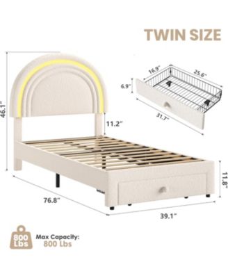 Twin LED Bed Frame with Storage Drawer, Rainbow Headboard, Fleece Princess Platform for Kids, Wood Slats, No Box Spring
