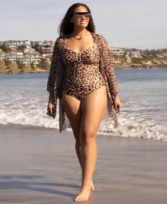 Plus Size Safari Leopard Metallic One-Piece Swimsuit