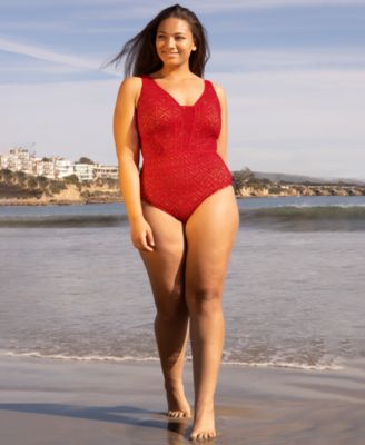Plus Size Color Play Crochet Plunge One-Piece Swimsuit